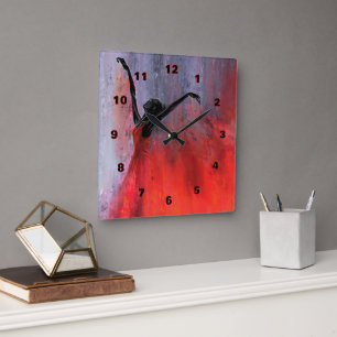 Reloj Cuadrado Mujer Bailando Pared Clock Lady En Rojo