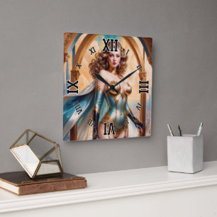 Reloj Cuadrado Mujer con atuendo opulento de oro y turquesa por X