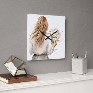 Reloj Cuadrado Mujer Con Daisy Bouquet