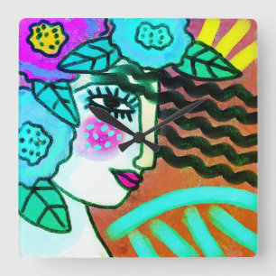 Reloj Cuadrado Mujer con flores Resumen de arte