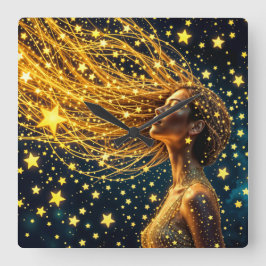 Reloj Cuadrado Mujer cósmica con pelo dorado estrellado brillante