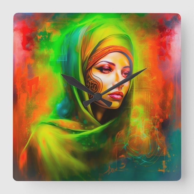 Reloj Cuadrado Mujer mística en colores neones (Anverso)