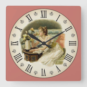 Reloj Cuadrado Mujer oliendo flores numeral romano