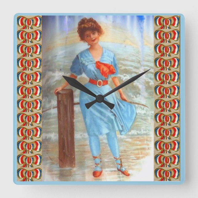 Reloj Cuadrado Mujer victoriana de los años 1890 en la playa (Anverso)