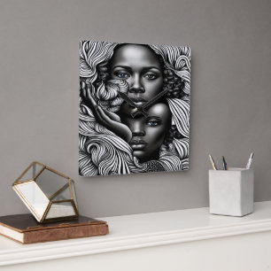 Reloj Cuadrado Mujeres Afroamericanas Abstractas en Blanco y Negr
