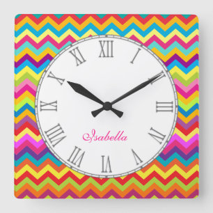 Reloj Cuadrado Multi colored chevron zigzag kids name wall clock
