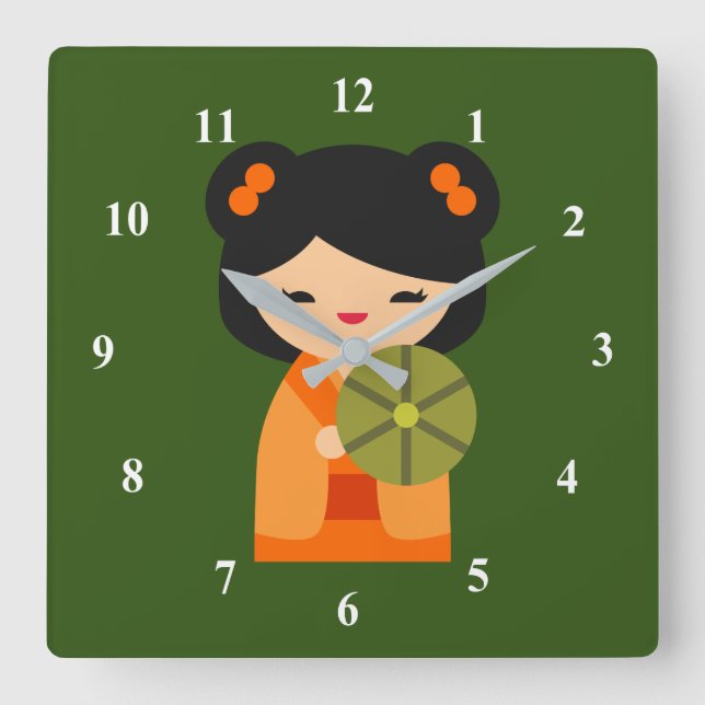 Reloj Cuadrado Muñecas japonesas kokeshi, naranja cutto (Anverso)