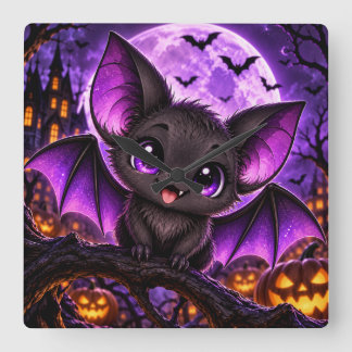Reloj Cuadrado Murciélago púrpura gótico lindo de Halloween luna