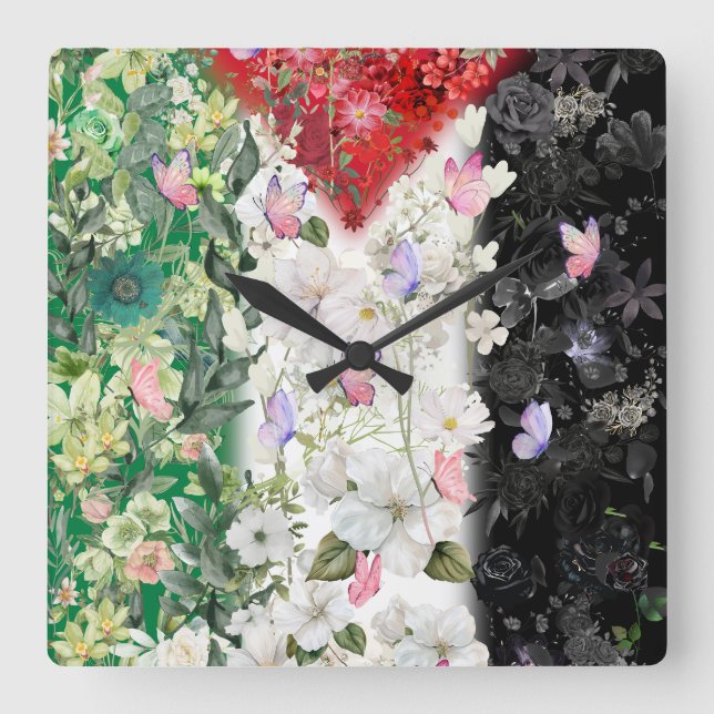 Reloj Cuadrado Muro palestino más lindo con mapa floral (Anverso)