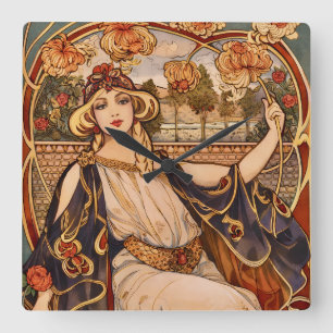 Reloj Cuadrado Musa del Crisantemo Dorado – Floral Art Nouveau