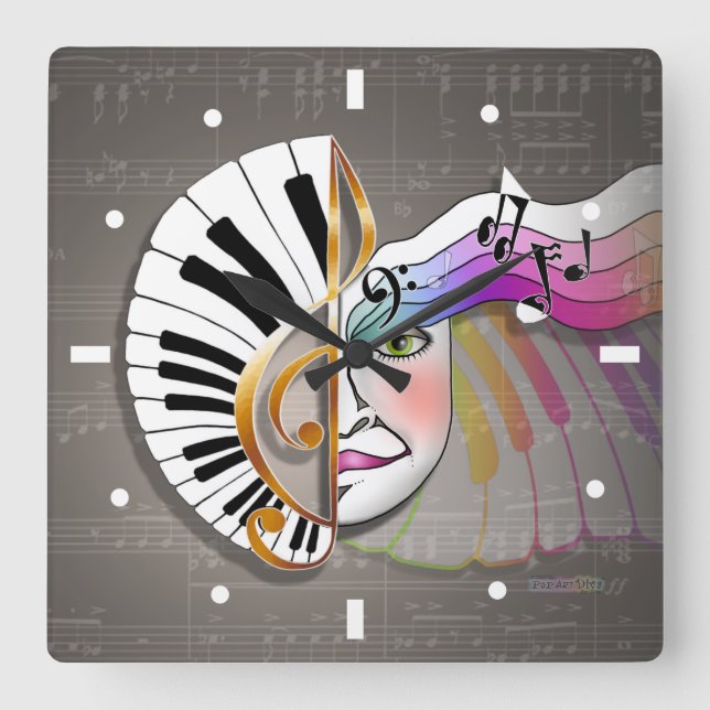 RELOJ CUADRADO MUSIC MASK PIANO KEYBOARD WALL CLOCK (Anverso)