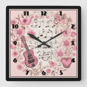Reloj Cuadrado Music Notes and Flowers Retro Style