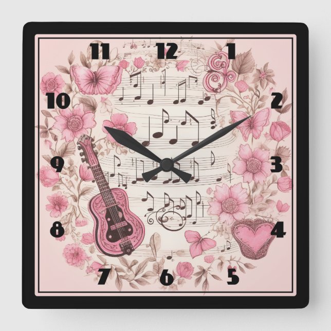 Reloj Cuadrado Music Notes and Flowers Retro Style (Anverso)