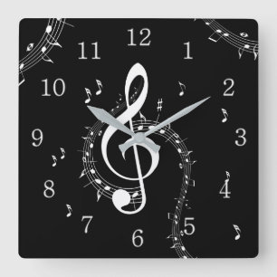 Reloj Cuadrado Música blanca Climactic G Clef en negro