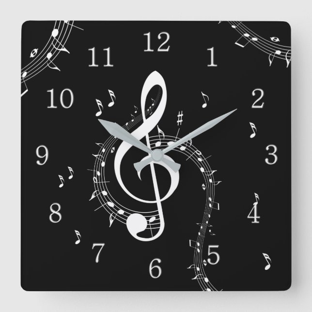 Reloj Cuadrado Música blanca Climactic G Clef en negro (Anverso)