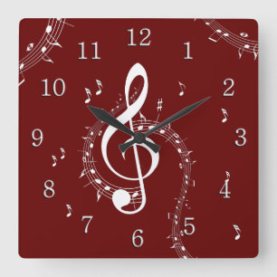 Reloj Cuadrado Música Climactic G Clef Rojo con números blancos