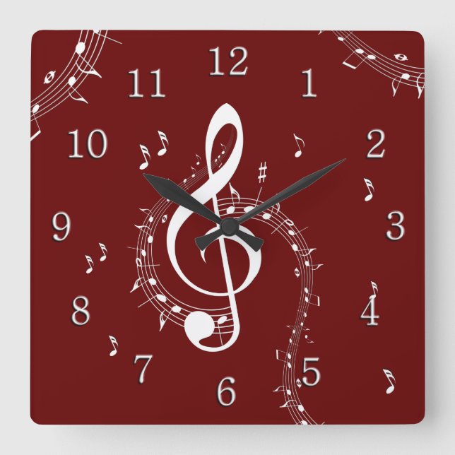 Reloj Cuadrado Música Climactic G Clef Rojo con números blancos (Anverso)
