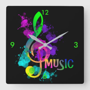 Reloj Cuadrado Música Treble Clef Colores Arcoiris Paint Splatter