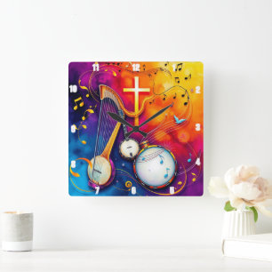 Reloj Cuadrado Musical Cross Colorful Abstract Harp Banjo Drum