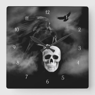 Reloj Cuadrado Muy Cool Estilo Gótico Cuervo y Calavera Samhain