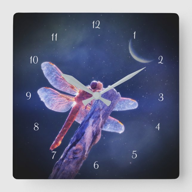 Reloj Cuadrado Mystical Magical Dragonfly and Crescent Moon (Anverso)