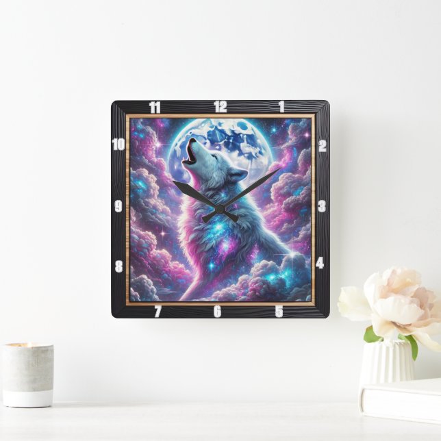 Reloj Cuadrado Mystical Wolf Howling Under Vibrant Cosmic Moonlit (Hogar)
