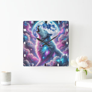 Reloj Cuadrado Mystical Wolf Howling Under Vibrant Cosmic Moonlit