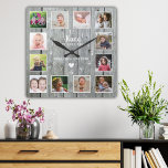 Reloj Cuadrado Nana We Love You 12 Collage de fotos Gray Wood<br><div class="desc">Reloj rústico de collage de fotos de madera personalizado con 12 fotos,  nombres de nietos y tipografía de 'Nana We love you'.</div>