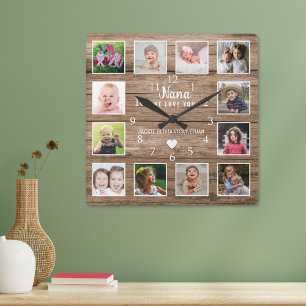 Reloj Cuadrado Nana We Love You 12 Collages de fotos Rustic Wood
