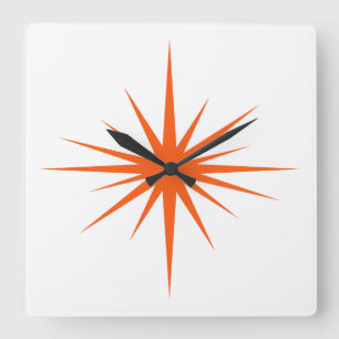 Reloj Cuadrado Naranja Atómico Starburst Mid Century Moderno