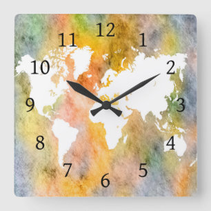 Reloj Cuadrado Naranja de mapas del mundo del diseño 63