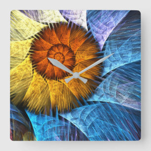 Reloj Cuadrado Naranja floral Azul amarillo abstracto arte