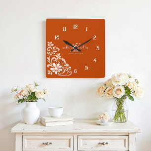 Reloj Cuadrado Naranja Romántico Quemado Sr. y Sra. Boda Wall Clo