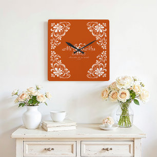Reloj Cuadrado Naranja Romántico Quemado Sr. y Sra. Boda Wall Clo