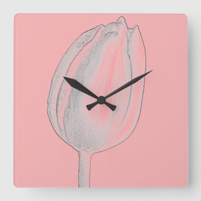 Reloj Cuadrado Naranja rosa de salmón con flor gris Tulipanes (Anverso)