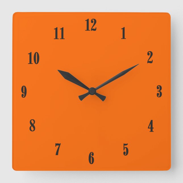 Reloj Cuadrado Naranja Sólido con Fuentes Negras (Anverso)
