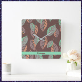 Reloj Cuadrado Naranja verde de la Mint moderna y hojas moradas