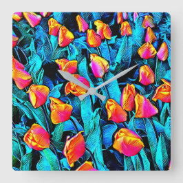 Reloj Cuadrado Naranja y Oro Artsy Tulips