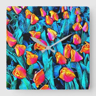 Reloj Cuadrado Naranja y Oro Artsy Tulips