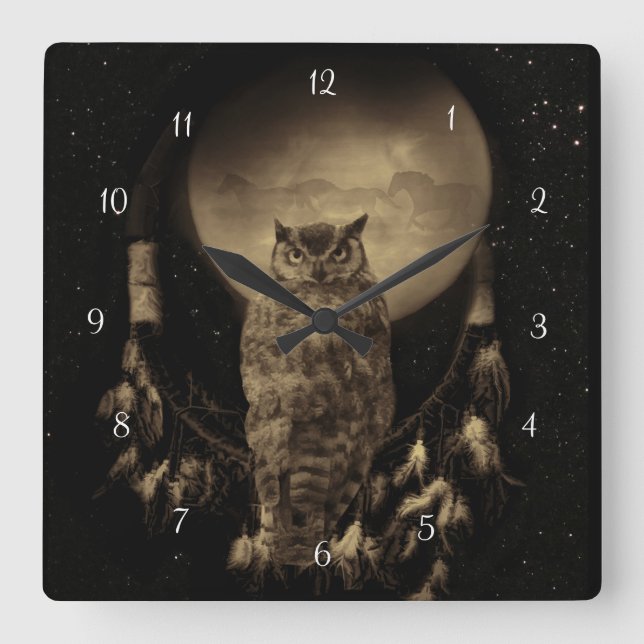 Reloj Cuadrado Native American Owl and Dream Catcher (Anverso)