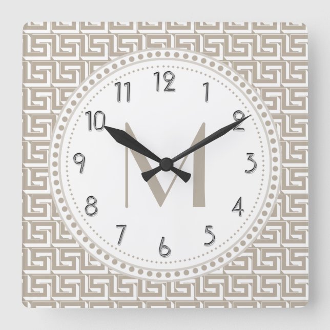 Reloj Cuadrado Natural | White Greek Key Pattern Monogram (Anverso)