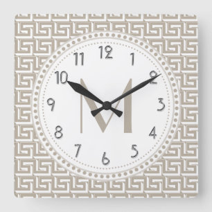 Reloj Cuadrado Natural   White Greek Key Pattern Monogram