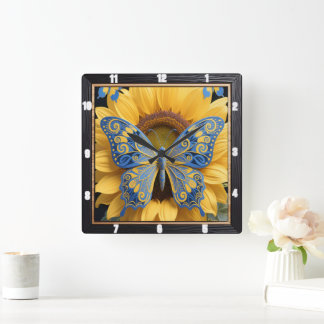 Reloj Cuadrado Naturaleza del girasol mariposa