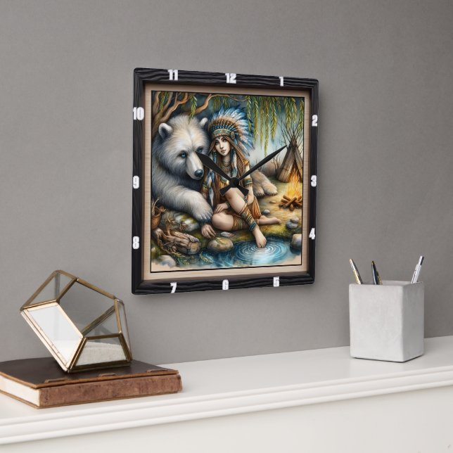 Reloj Cuadrado Naturaleza del oso Chica nativo indio (Oficina)