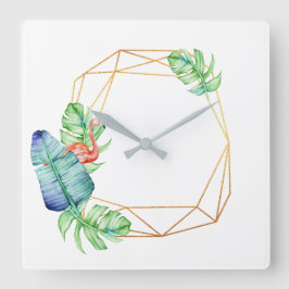 Reloj Cuadrado Naturaleza Tropical Oro Blanco Flamingo Leaf Polig
