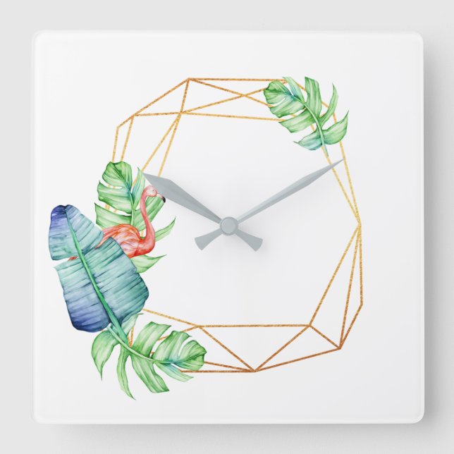 Reloj Cuadrado Naturaleza Tropical Oro Blanco Flamingo Leaf Polig (Anverso)