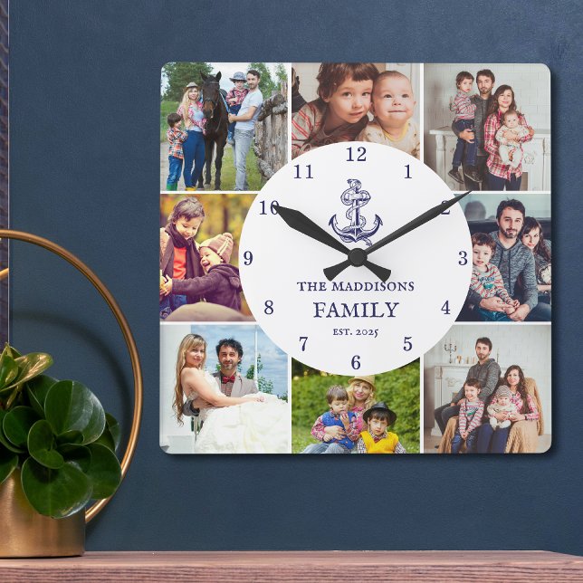 Reloj Cuadrado Nautical Anchor Navy Blue Family 8 Photo Collage (Subido por el creador)