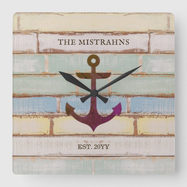 Reloj Cuadrado Nautical Anchor Rustic Wood Bot Name Family (Anverso)