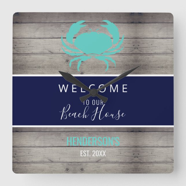 Reloj Cuadrado Nautical Beach Rustic Wood Family Monograma Nombre (Anverso)