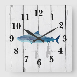 Reloj Cuadrado Nautical Blue Shark Shiplap Rústica Decoración